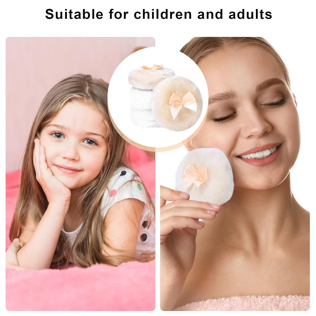 4PCS Large Fluffy Puff, White Puffs for Face Powder, Ultra Soft Face Body Puff, Washable Reusable Makeup Puffs(White/Beige)