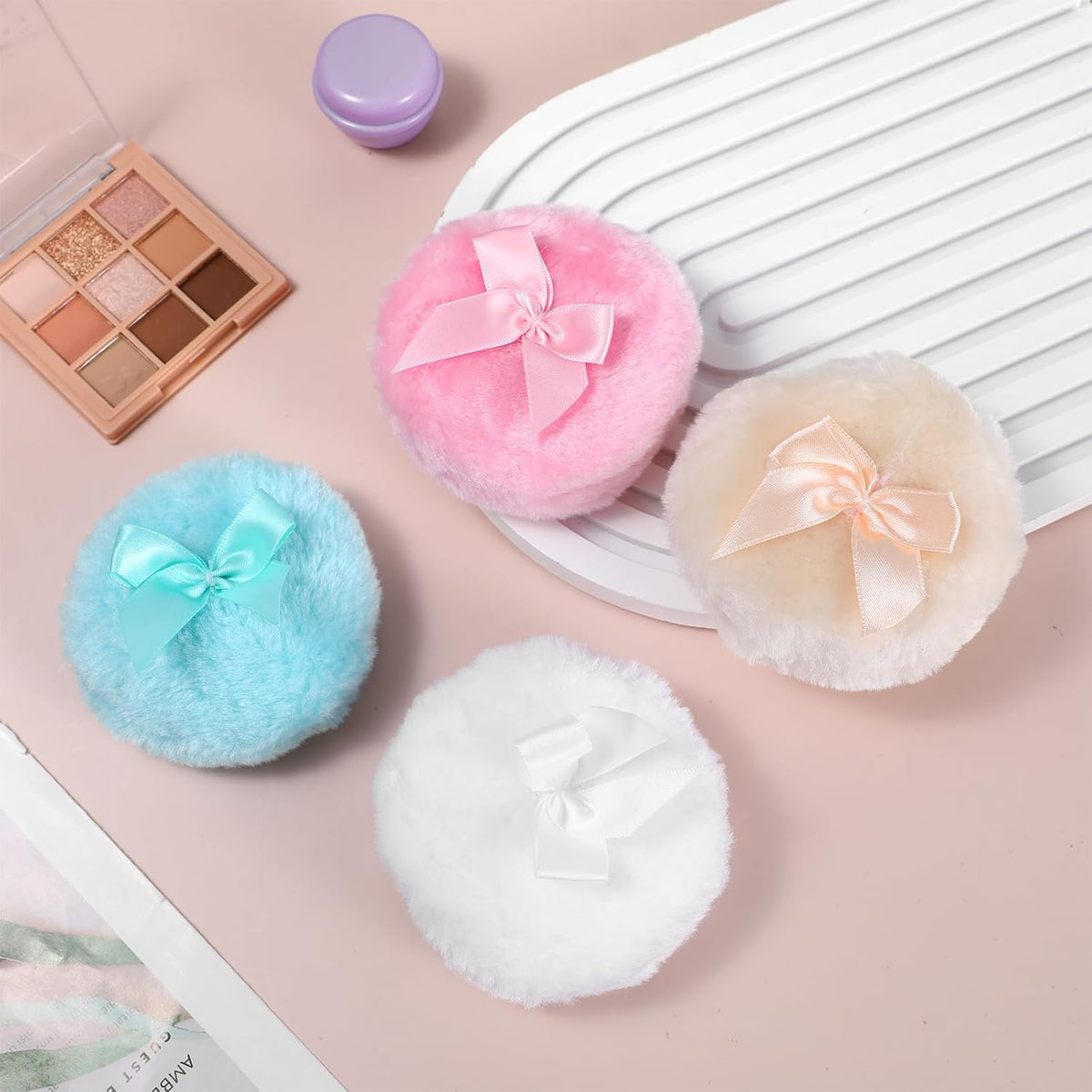 Large Fluffy Body Powder Pad, 4Pcs 3.5 Inch Soft Body Powder Washable Reusable Round Loose Puff for Adult 4 Color