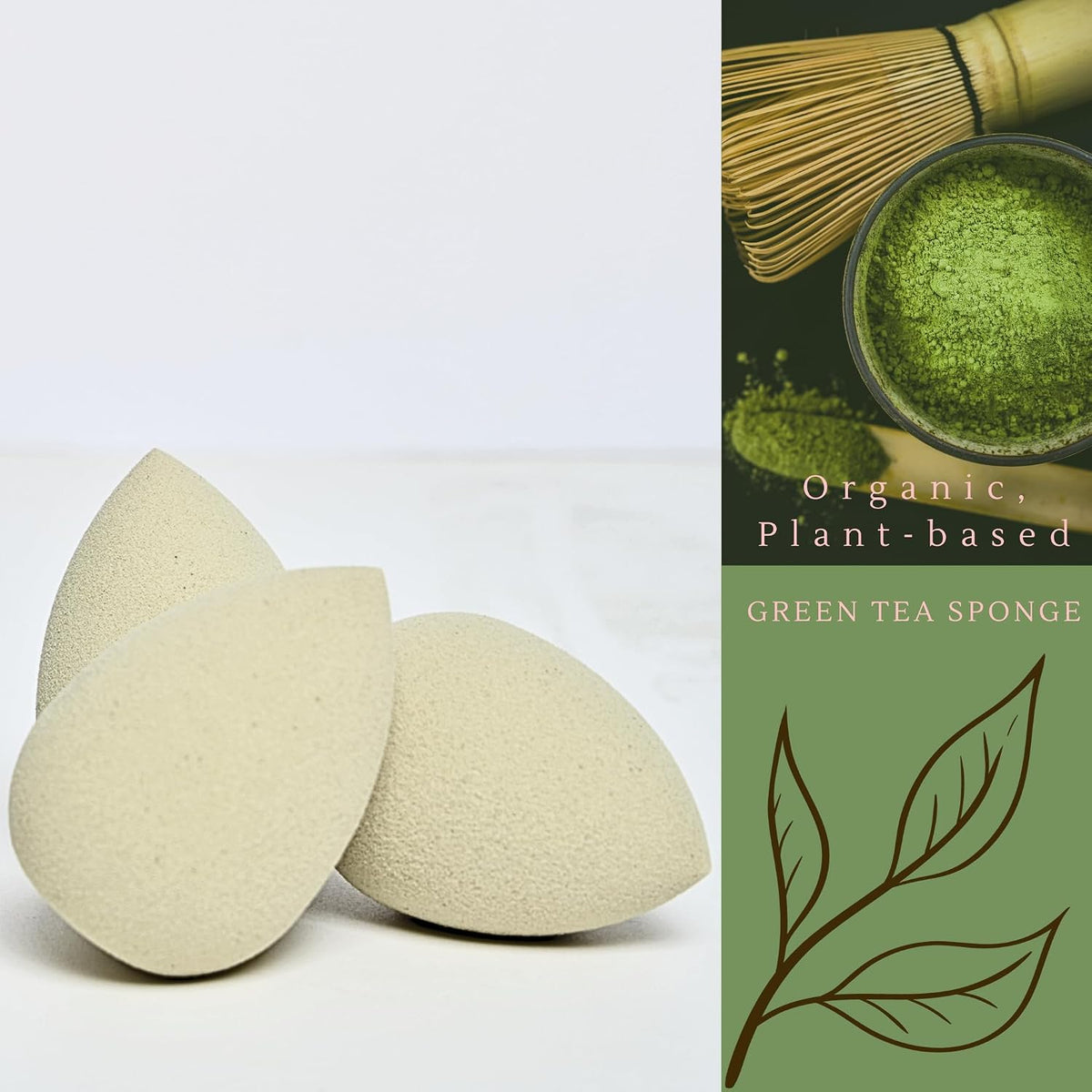 Green Tea Beauty Sponge - Plant-Based, Eco-Friendly, Cruelty-Free, Dye-Free & Latex-Free Blender, Biodegradable & Vegan Makeup Sponge, Makeup Blender, Perfect for Liquid & Powder (3 count)