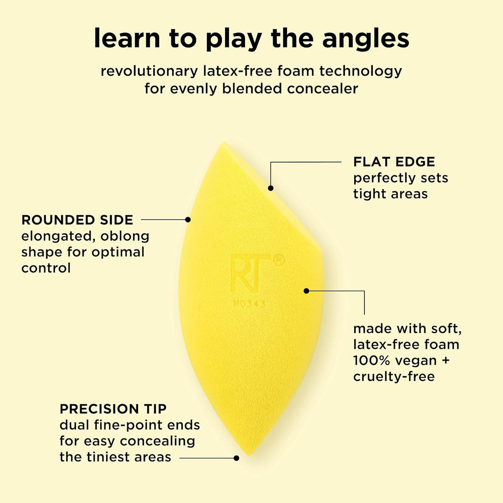 Real Techniques Miracle Concealer Sponge, Makeup Blending Sponge For Liquid & Cream Concealer, Elongated Shape For Precise Application Under Eyes & Tight Areas, Yellow, Latex-Free Foam, 2 Count