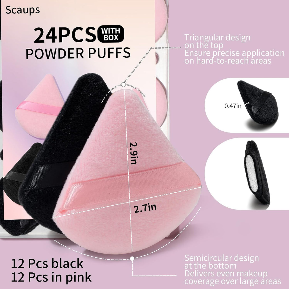 24Pcs Black and Pink Powder Puff, Triangle Powder Puffs, Powder Puffs for Makeup and Cosmetic Foundation
