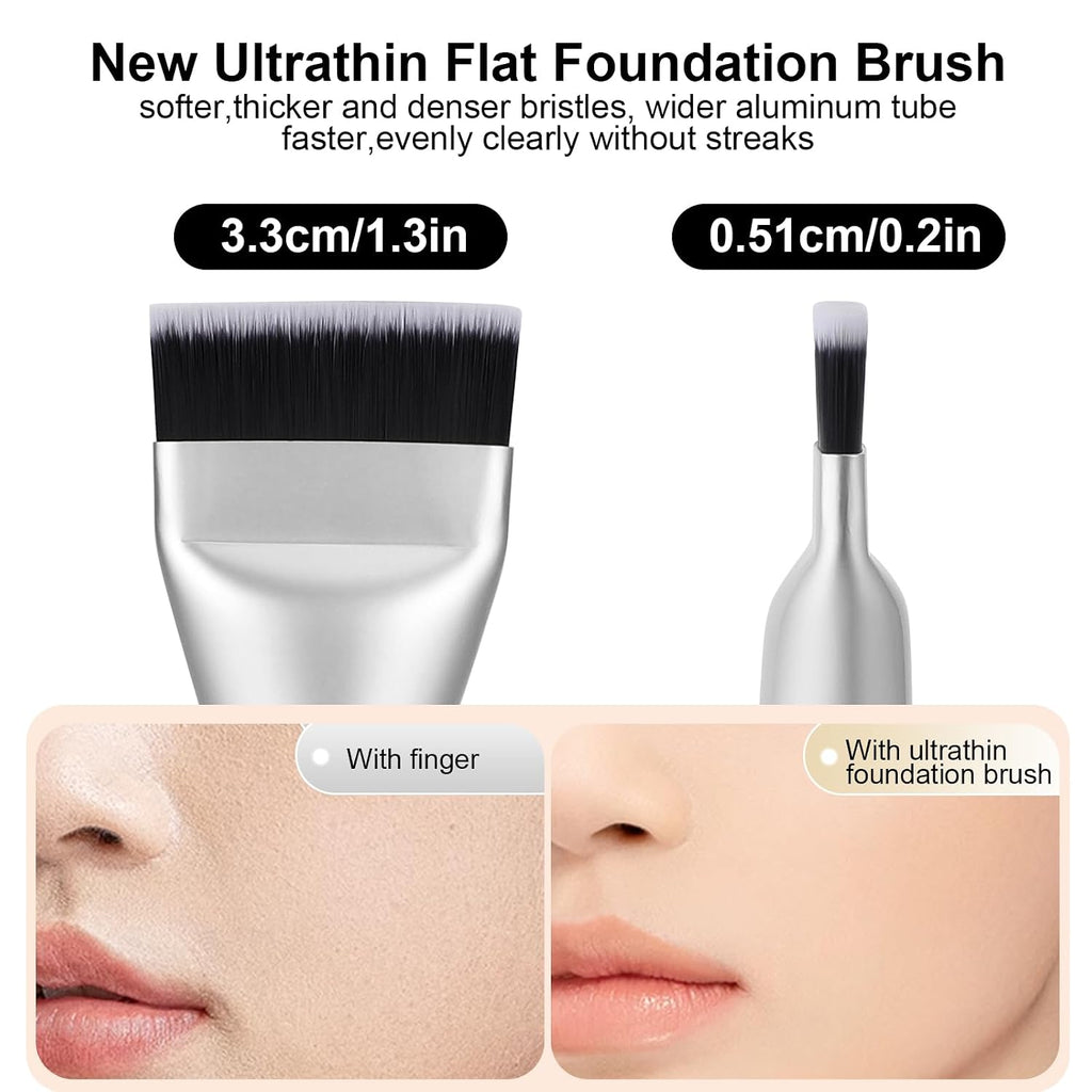 Flat Foundation Brush and Powder Puff Set, Korean Makeup Brush Teardrop Sponge for Liquid Foundation,Premium Face Makeup Brush Sponge for Blending Cream Setting Powder