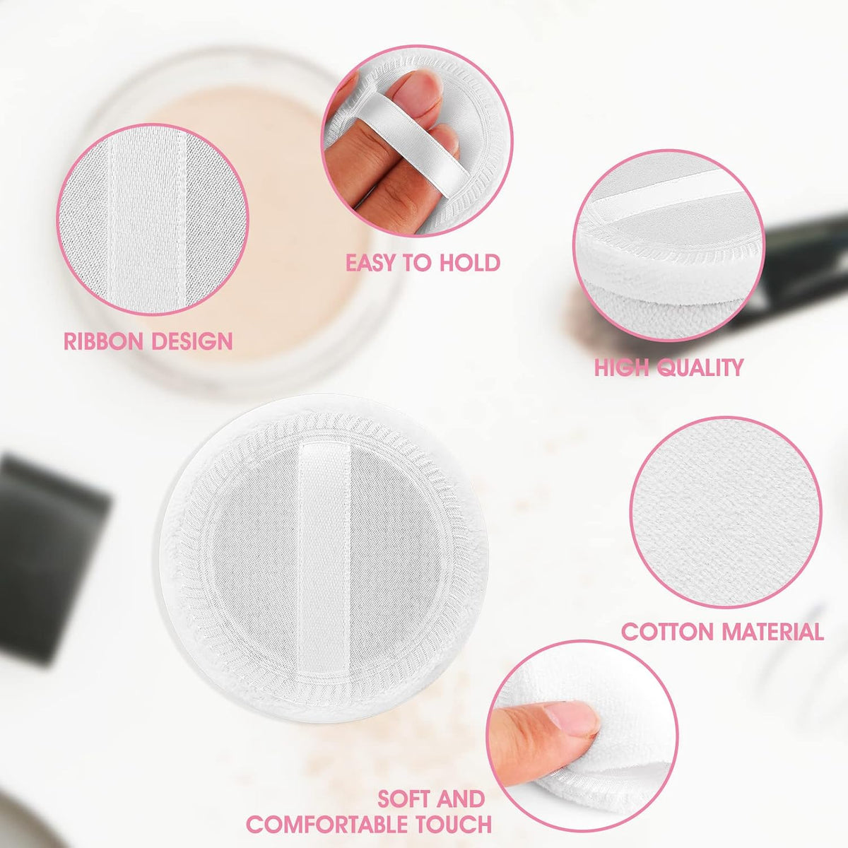 Sibba Loose Powder Make up puff 12 Pieces Round Velour Face Makeup Compact Body Container Setting Pressed Blending Foundation Cream Make Up Ribbon Strap Sponge Cushion Applicator (White)