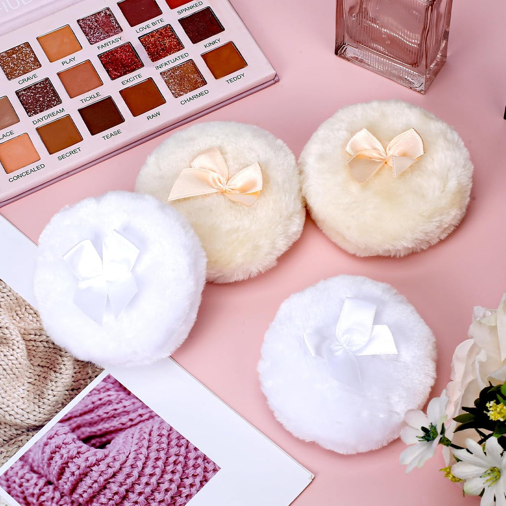 4PCS Large Fluffy Puff, White Puffs for Face Powder, Ultra Soft Face Body Puff, Washable Reusable Makeup Puffs(White/Beige)