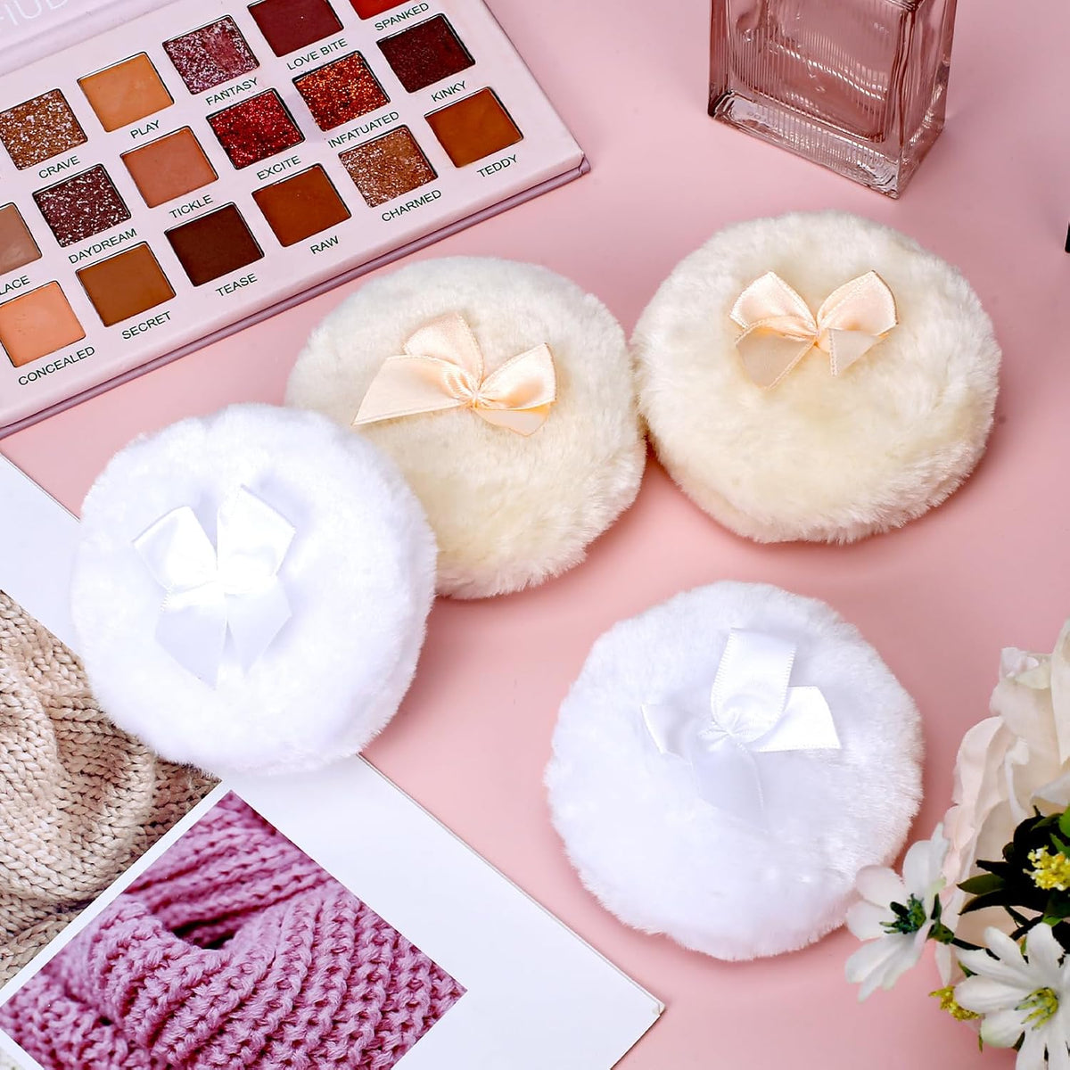 4PCS Large Fluffy Puff, White Puffs for Face Powder, Ultra Soft Face Body Puff, Washable Reusable Makeup Puffs(White/Beige)
