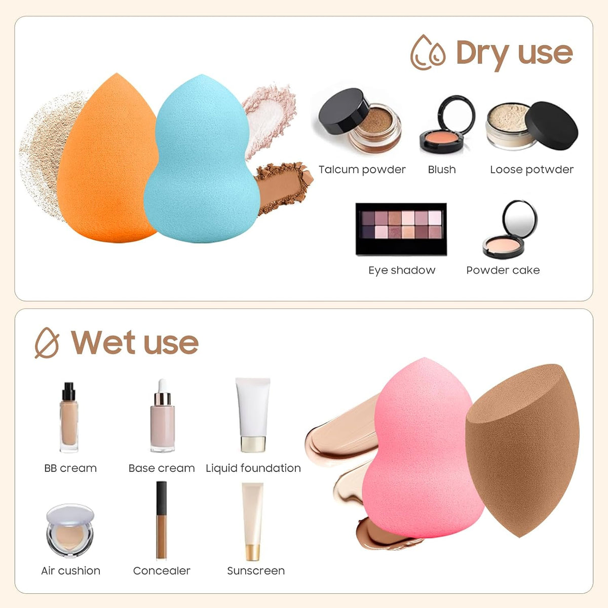 15 Pcs Multicolor Makeup Sponge Set, Latex-Free Soft Wet/Dry for Foundation
