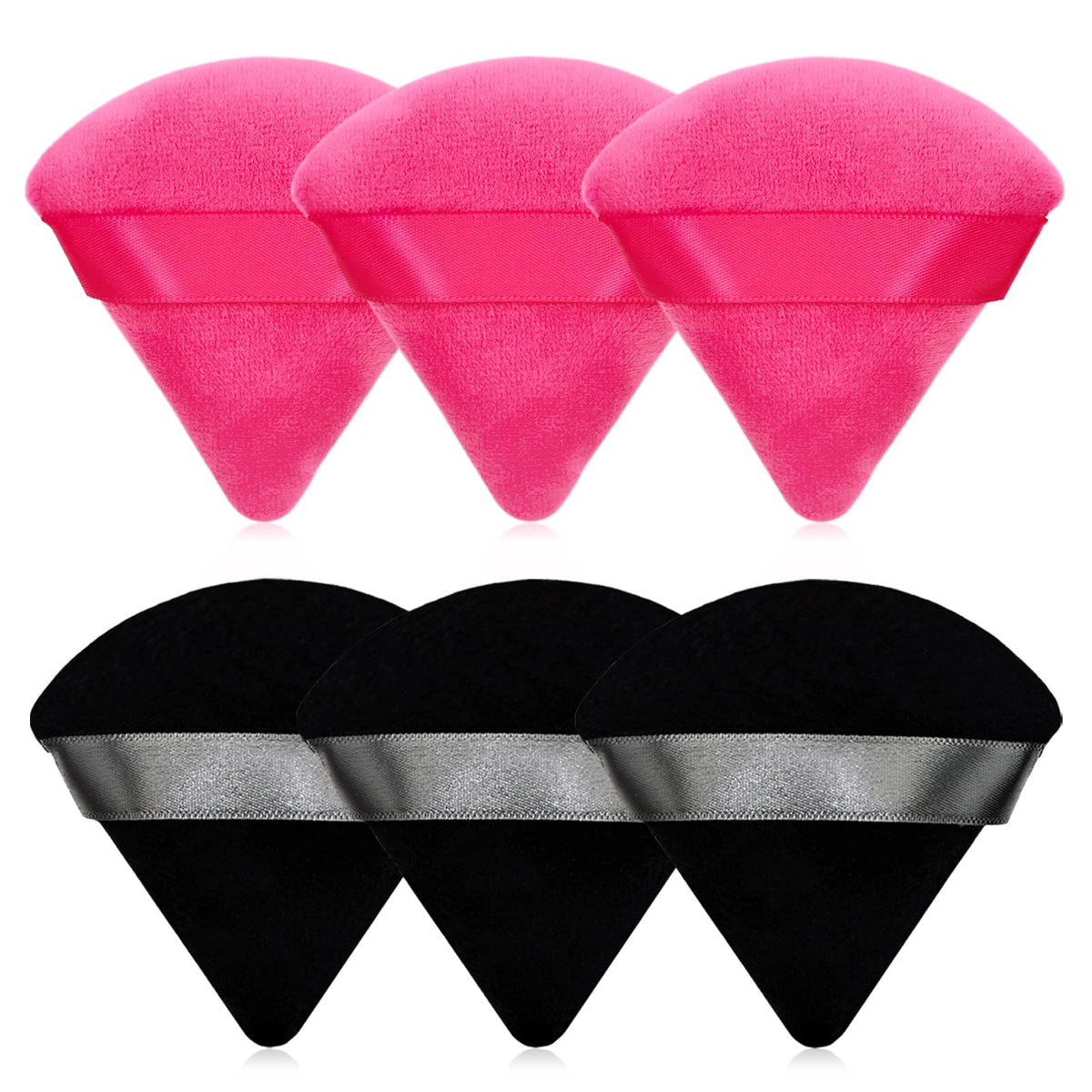 12 Pieces Black Cosmetic Powder Puff,2.76 inch Portable Soft Sponge Setting Face Puffs,Triangle Velvet Powder Puff with Ribbon Band Handle for Loose Powder Body Powder Makeup Tool