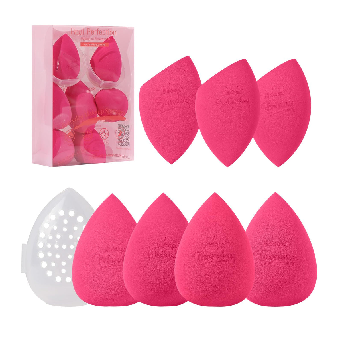 Real Perfection Makeup Sponge Set Blender Sponges, Latex-Free Beauty Makeup Sponges 7 pcs with 1 Travel Container Case for Blending Foundation Liquid Cream and Powder (Beige)