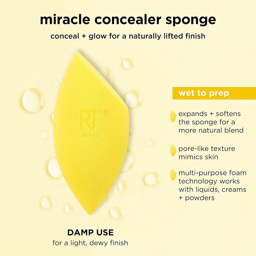 Real Techniques Miracle Concealer Sponge, Makeup Blending Sponge For Liquid & Cream Concealer, Elongated Shape For Precise Application Under Eyes & Tight Areas, Yellow, Latex-Free Foam, 2 Count