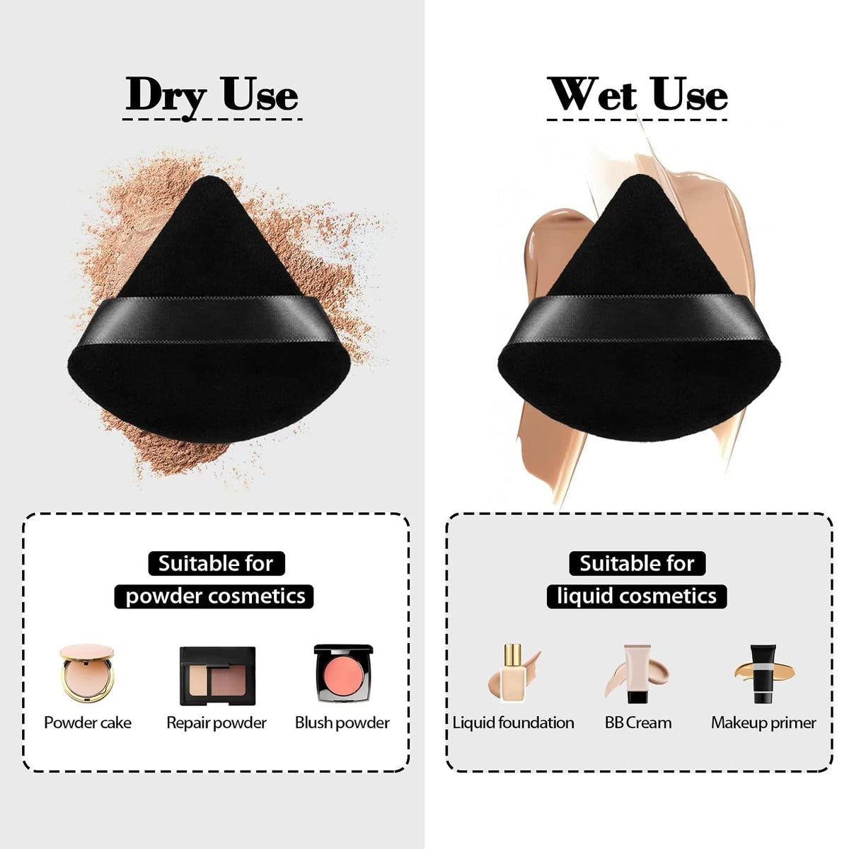 8Pcs of Triangular Powder Puff Makeup Sponges, Made of Super-soft Velvet, Designed for Contouring, Eye, and Corner, Beauty Blender Foundation Mixing Container.(Black)