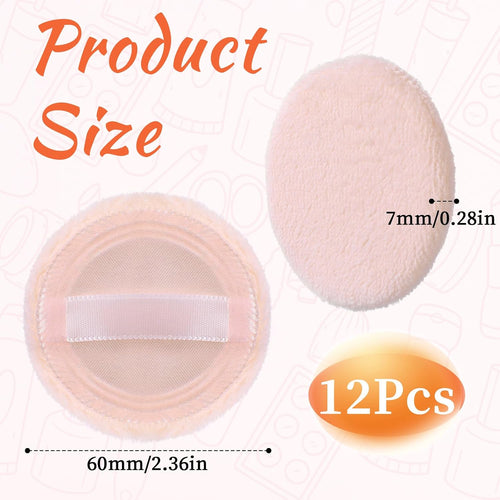 12 Pieces Round Velour Face Makeup Powder Pad, Powder Pads, 2.36 Inch Setting Makeup Puff, Soft Face Compact Powder-Pad with Ribbon, Puff Pads for Loose-Powder, Setting-Powder