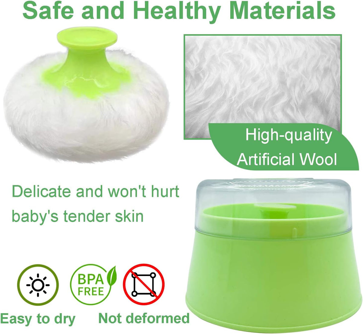 BPA Free Baby Powder Puff Box, Large 2.8" Fluffy Body After-Bath Powder Case, Baby Care Face/Body Villus Powder Puff Container, Makeup Cosmetic Talcum Powder Container with Hand Holder (Green)