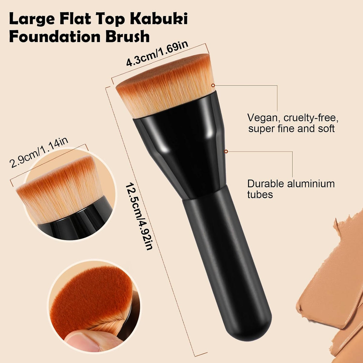 Foundation Brush for Mature Skin, Flat Top Kabuki, 1 Ct, Black