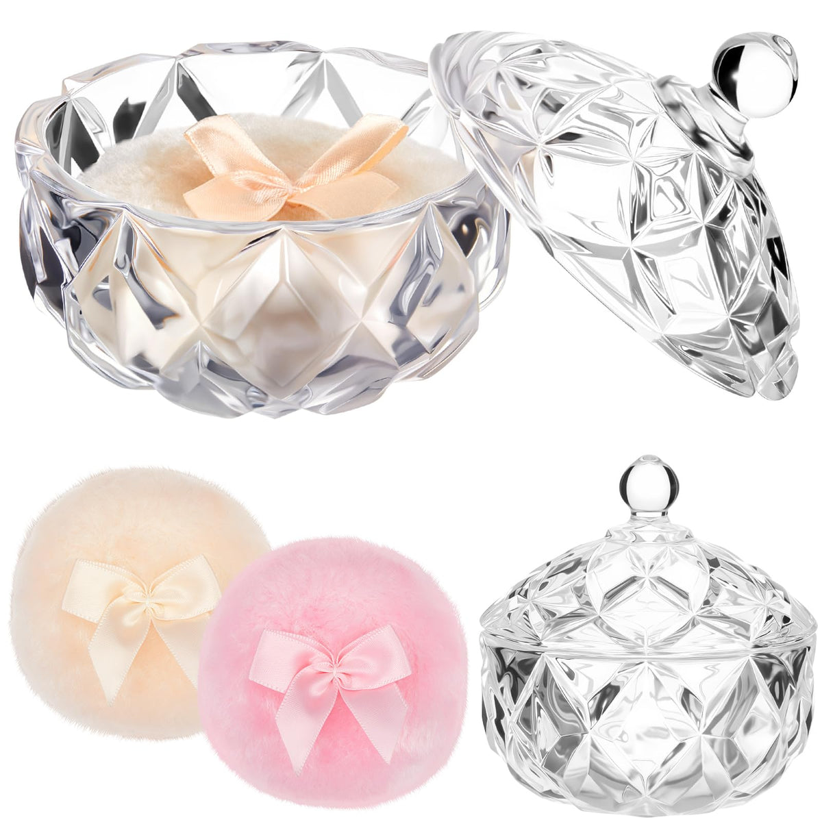 Tioncy 3 Pcs Large Dusting Powder Container with Puff Set, Classic, Clear