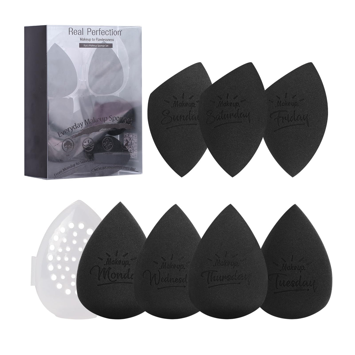 Real Perfection Makeup Sponge Set Blender Sponges, Latex-Free Beauty Makeup Sponges 7 pcs with 1 Travel Container Case for Blending Foundation Liquid Cream and Powder (Beige)