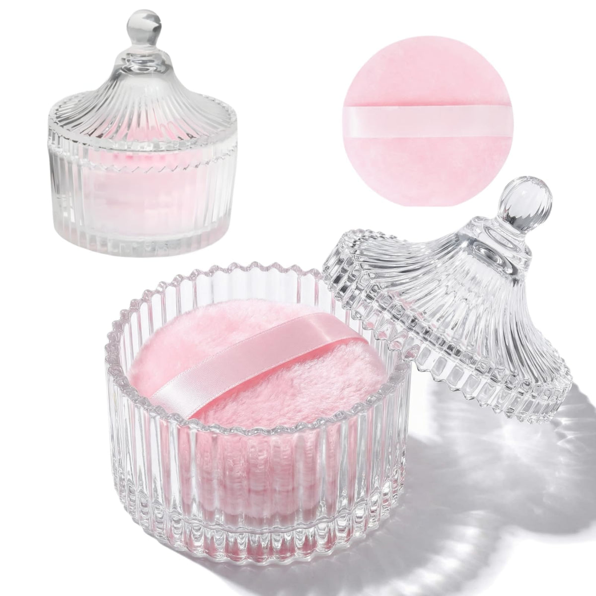 2 Pcs Large Body Powder Puff and Container Powder Container with Puff Powder Puff Crystal Container Soft Washable Reusable Velour Face Body Glitter Powder Puff Wet Dry Makeup (Pink)