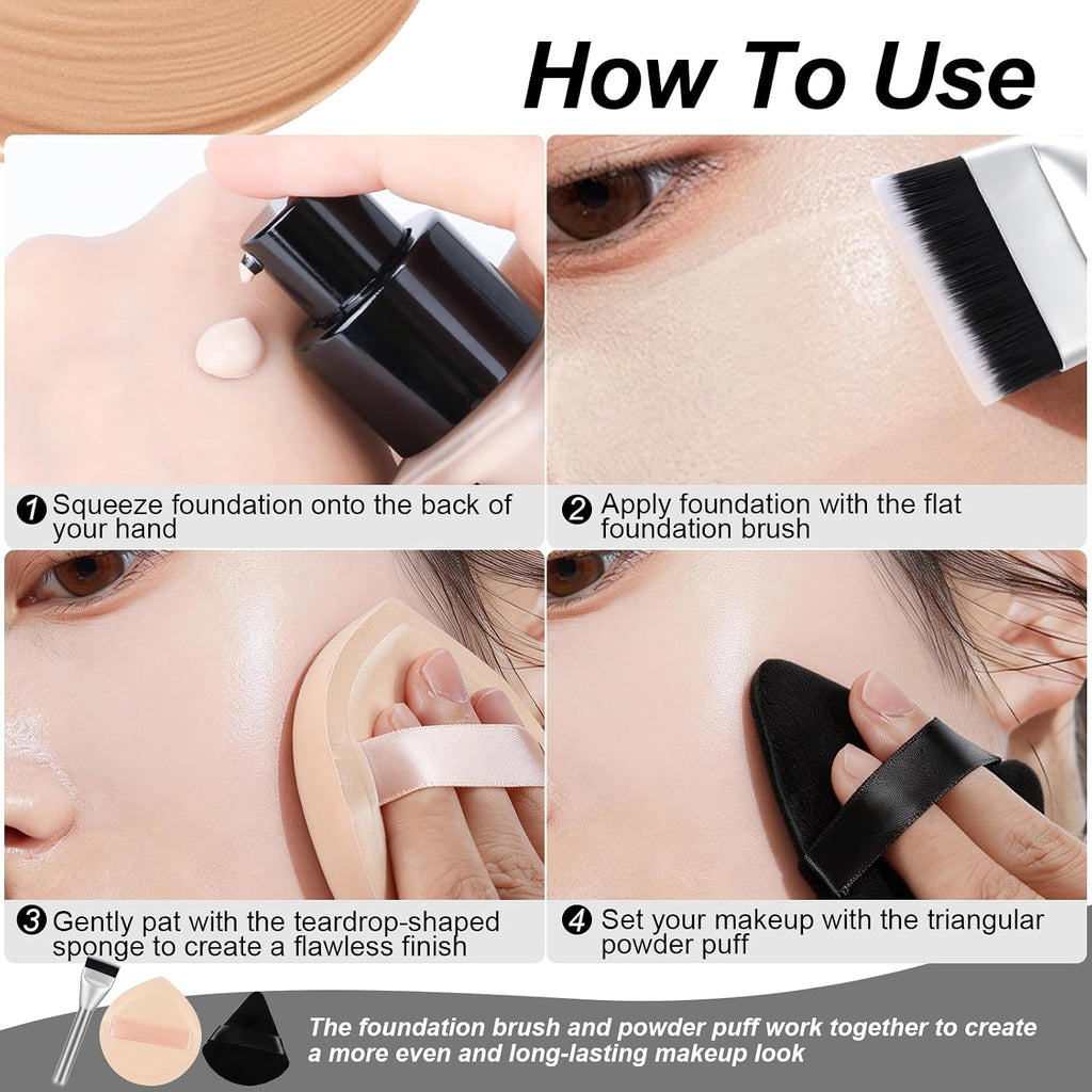 Flat Foundation Brush and Powder Puff Set, Korean Makeup Brush Teardrop Sponge for Liquid Foundation,Premium Face Makeup Brush Sponge for Blending Cream Setting Powder