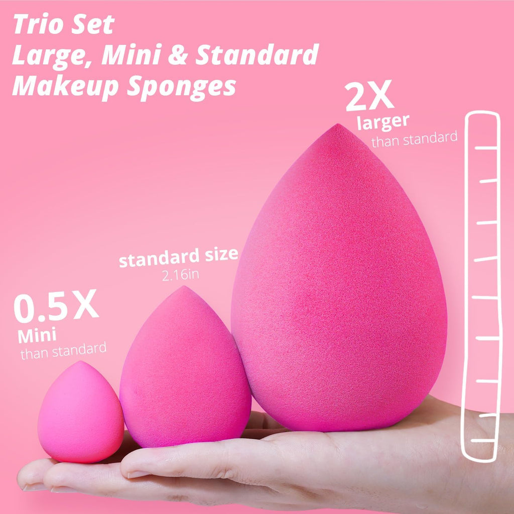 BEAKEY Makeup Sponge Trio Set, 3 Sizes Large Mini Standard