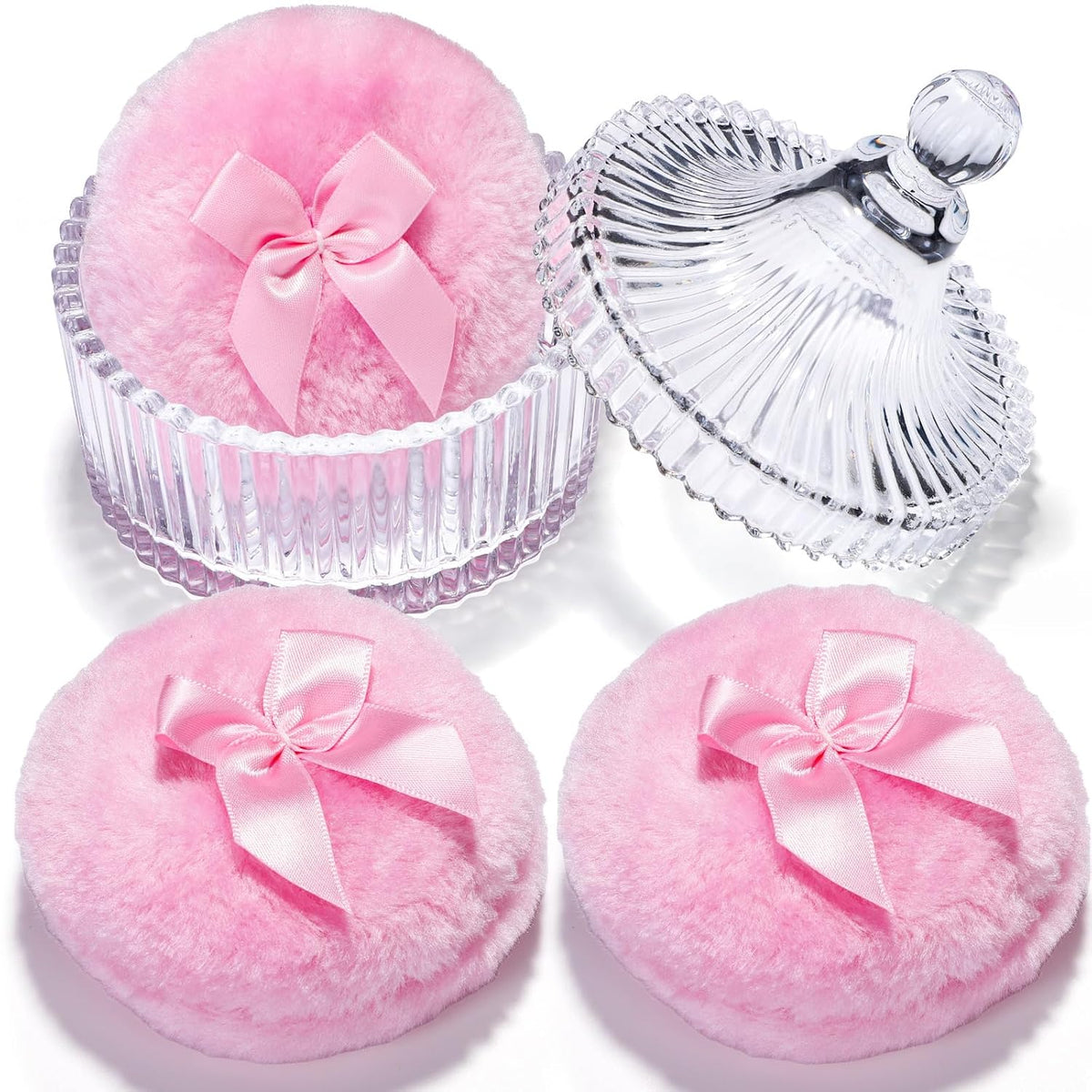 Teenitor 4pcs Powder Puff Soft Powder Puff and Container, Dusting Powder Container with Puff, Glass Crystal Case for Soft Velour Body Powder Puff Pink
