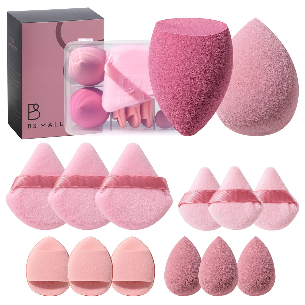 Makeup Sponge Set BS-MALL Triangle Puff 14PCS Non-Latex Beauty Blender Sponges with Travel Case, Soft Makeup Puff for Foundation, Concealer, Cream & Powder, Face & Eye Blending for Sensitive Skin