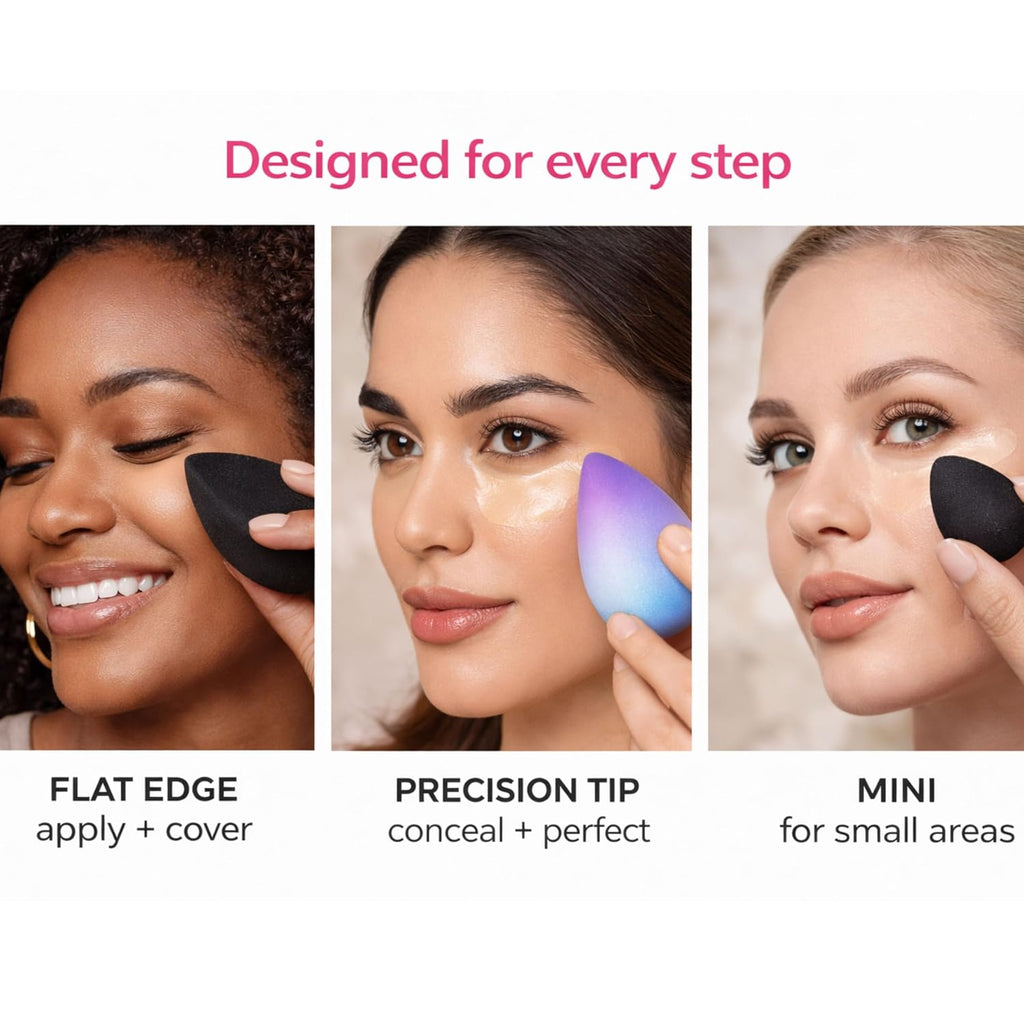 6-Piece Makeup Sponge Set – Latex-Free Beauty Blending Sponges with Mini & Flat Edge Makeup Sponges for Foundation, Concealer, Contour & Powder – Expands When Wet