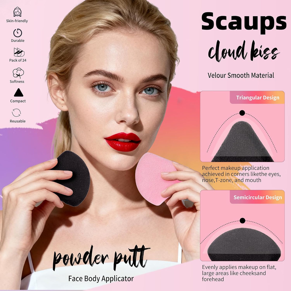 24Pcs Black and Pink Powder Puff, Triangle Powder Puffs, Powder Puffs for Makeup and Cosmetic Foundation