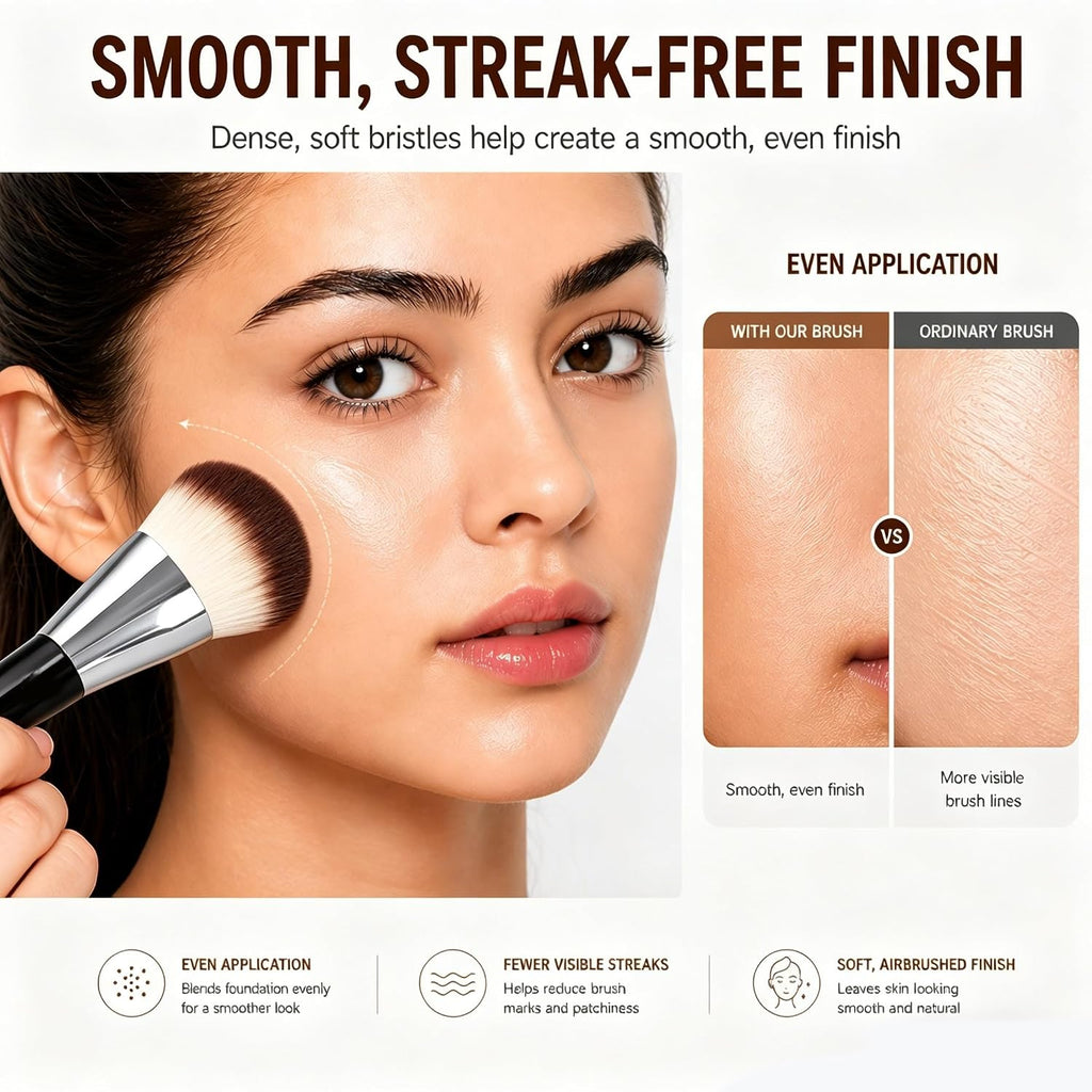 Extra Large Foundation Brush, Flat Top Kabuki Brush for Liquid & Cream Makeup, Dense Soft Bristles for Fast Full Coverage, Streak-Free Airbrush Finish