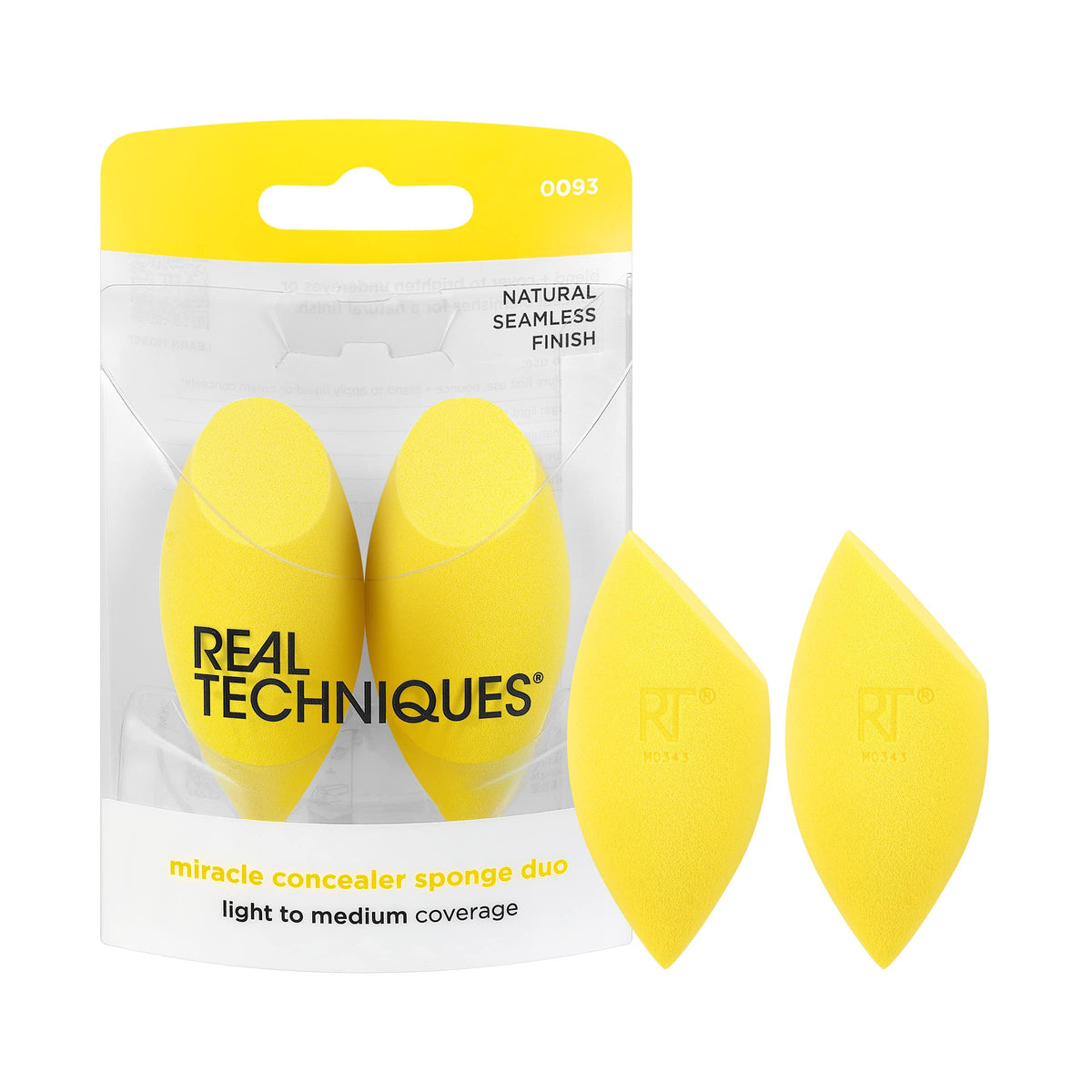 Real Techniques Miracle Concealer Sponge, Makeup Blending Sponge For Liquid & Cream Concealer, Elongated Shape For Precise Application Under Eyes & Tight Areas, Yellow, Latex-Free Foam, 2 Count