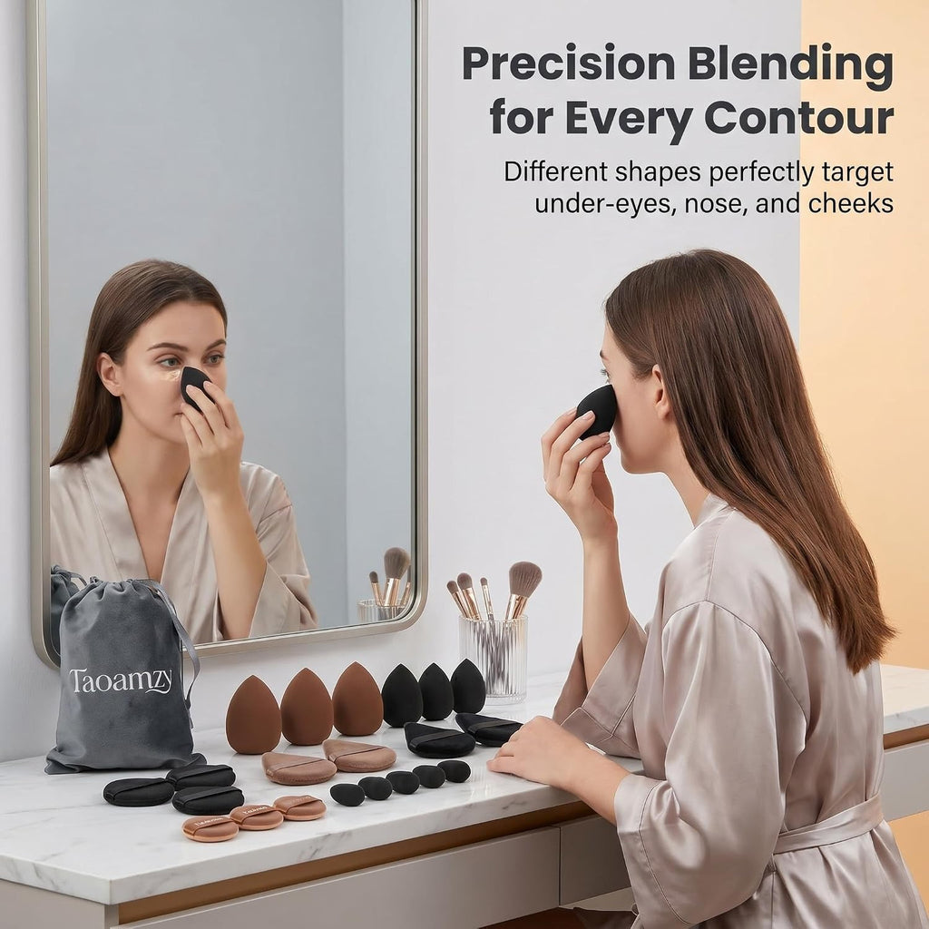 34PCS Latex-Free Makeup Sponge Set, Wet Dry Triangle Flocked Blender Puffs with Velvet Pouch for Foundation Concealer Contour, Skin Friendly