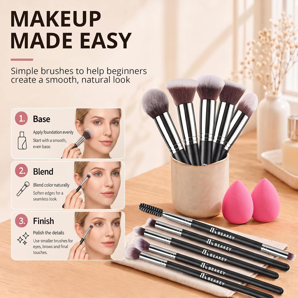 BEAKEY Makeup Brushes set with 2 Blending Sponges,10 Brush Face and Eye Set