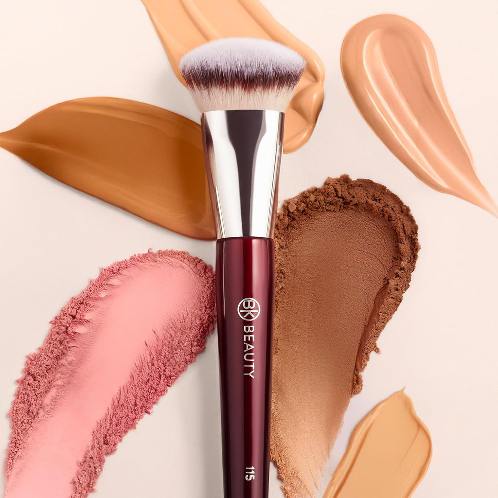 BK BEAUTY 115 MEDIUM CONTOURED FOUNDATION BRUSH – Contoured Foundation Brush for Liquid Makeup - Foundation Makeup Brushes - Face Brush For Liquid Or Cream Foundation