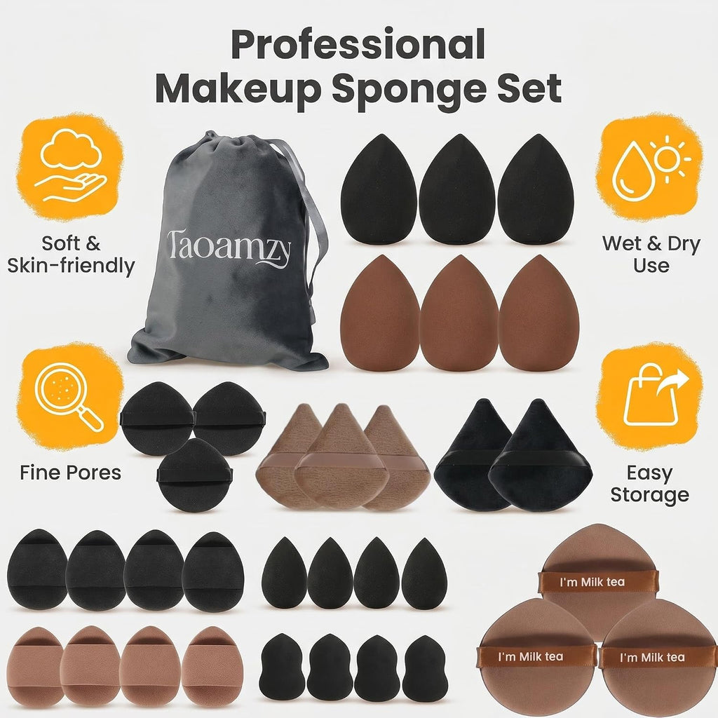 34PCS Latex-Free Makeup Sponge Set, Wet Dry Triangle Flocked Blender Puffs with Velvet Pouch for Foundation Concealer Contour, Skin Friendly