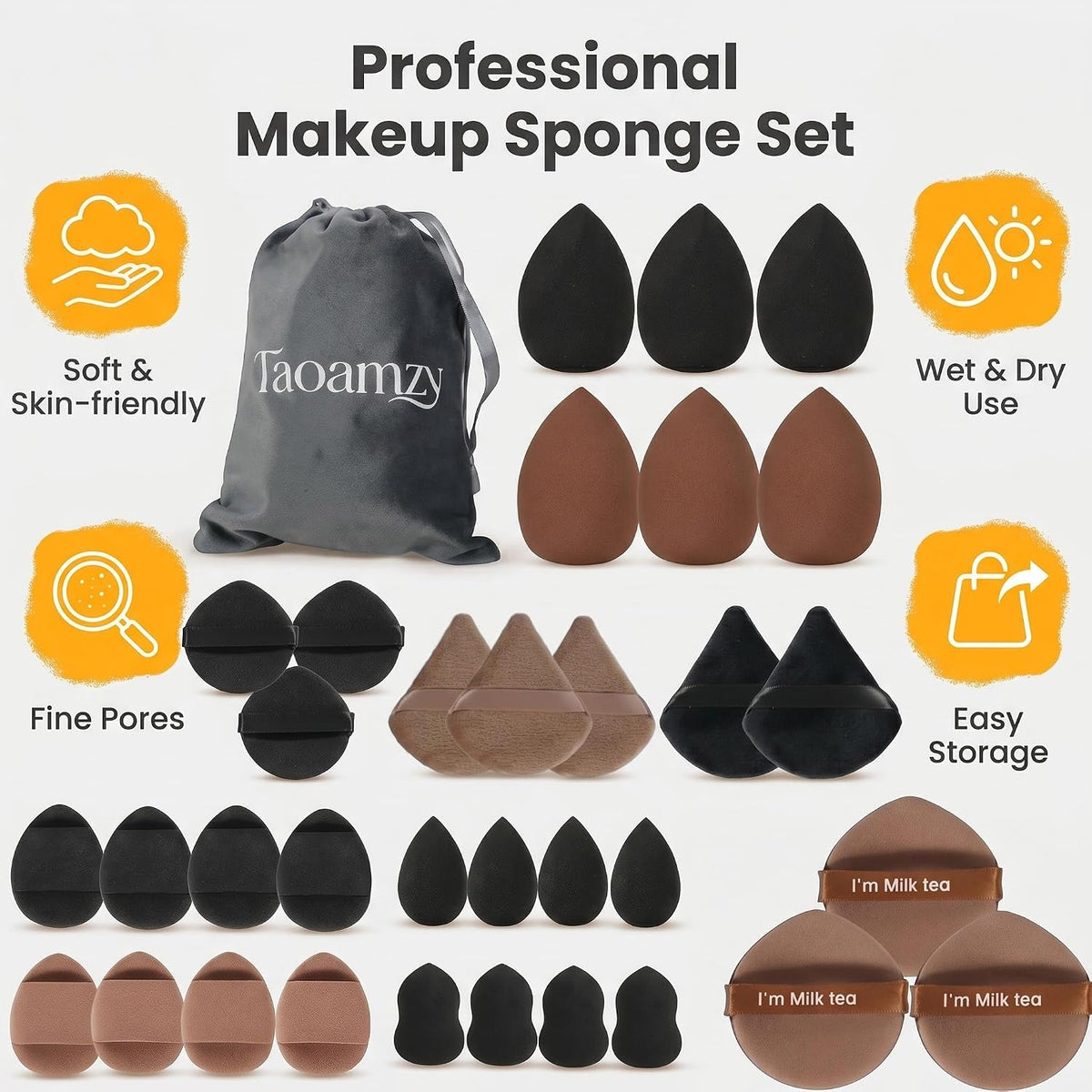 34PCS Latex-Free Makeup Sponge Set, Wet Dry Triangle Flocked Blender Puffs with Velvet Pouch for Foundation Concealer Contour, Skin Friendly