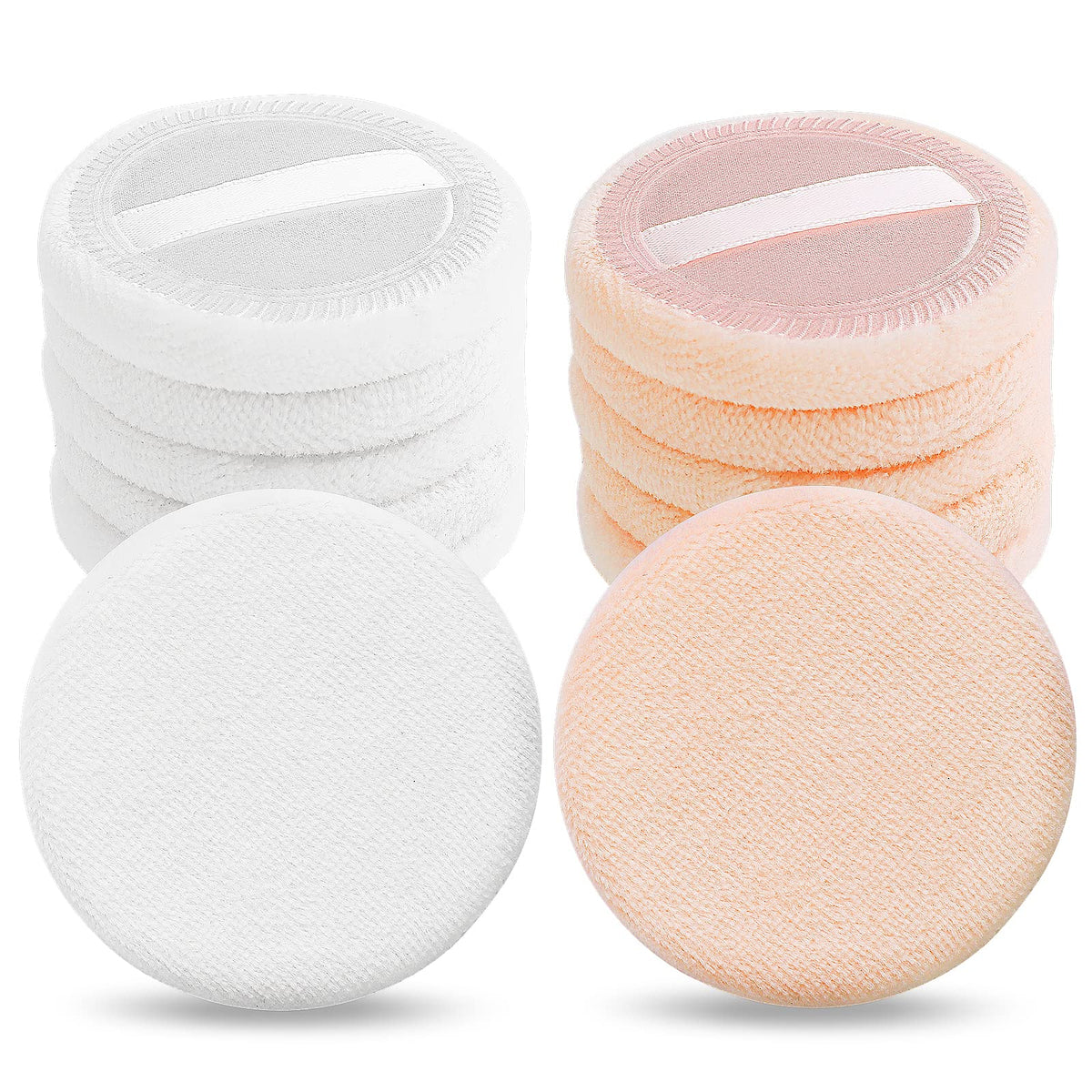 Sibba Loose Powder Make up puff 12 Pieces Round Velour Face Makeup Compact Body Container Setting Pressed Blending Foundation Cream Make Up Ribbon Strap Sponge Cushion Applicator (White)